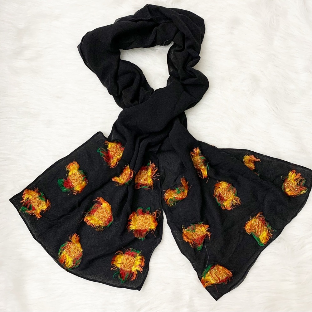 Chicos Oblongo Scarf Silk Sheer Black Orange